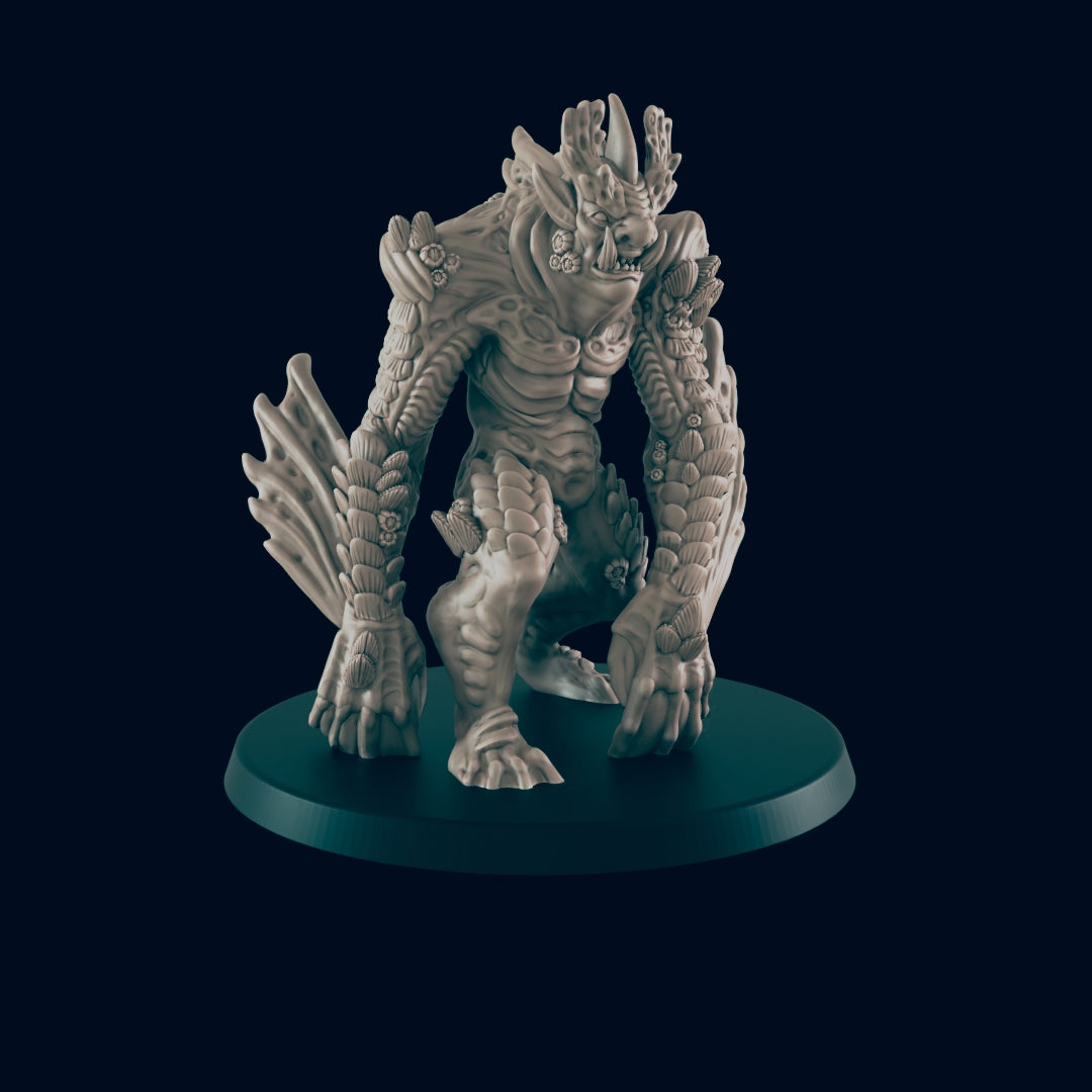 A miniature, monstrous figure crouches on a dark circular base. It's sculpted with a textured, plant-like surface and appears to be made of stone or resin.