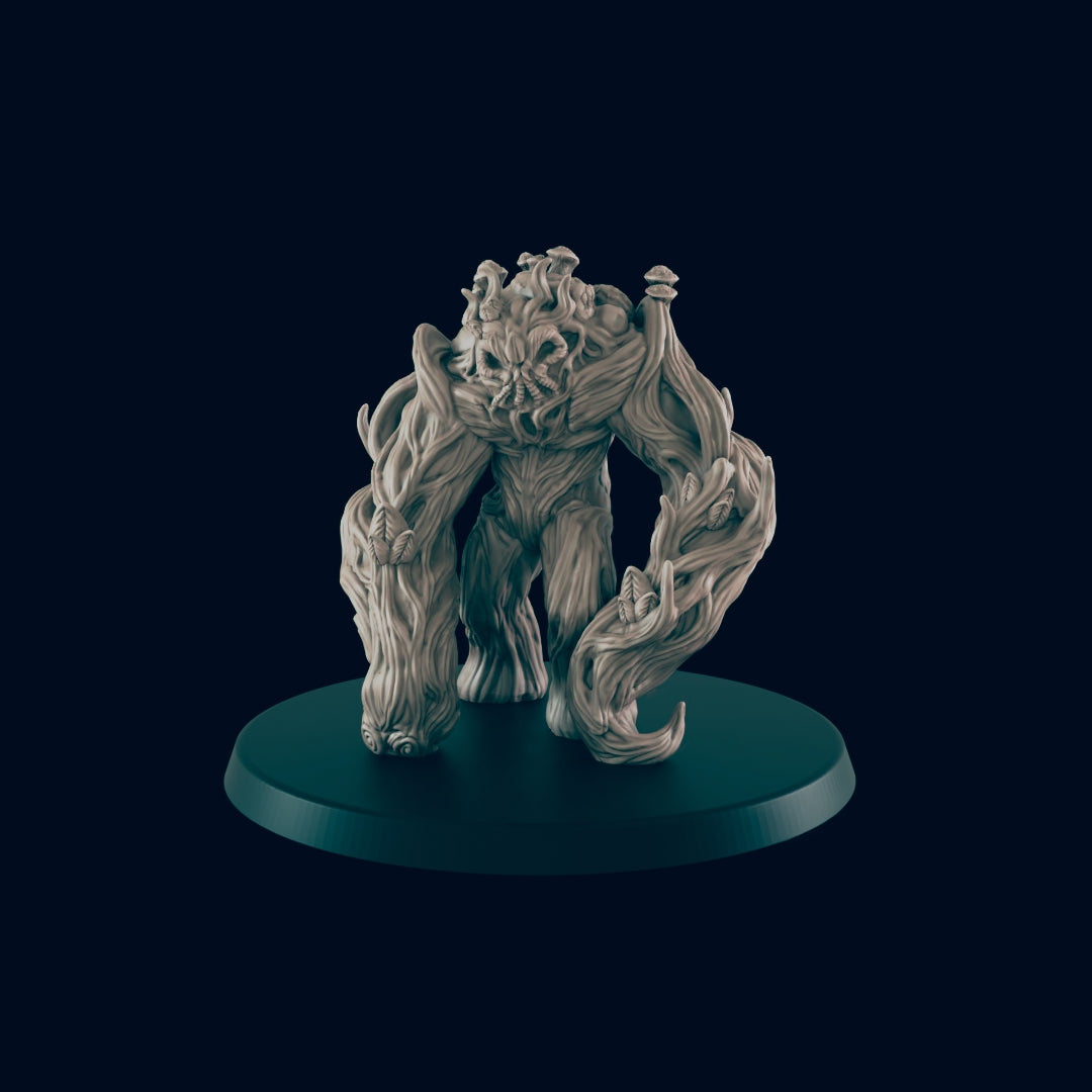 A tree-like creature stands on a dark circular base. Its body and arms are formed from thick, gnarled branches, adorned with leaves and mushrooms. The creature appears to be a miniature figurine.