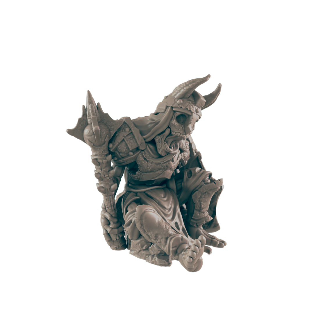 A skeletal, horned figure in armor sits; clutching a staff, it crouches on a rocky base against a dark background.