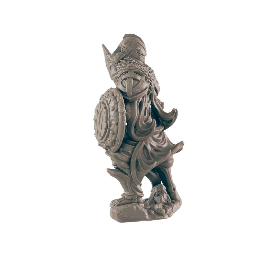 A miniature figurine of a dwarven warrior stands on a rocky base; it holds a shield and appears to be in a defensive stance.
