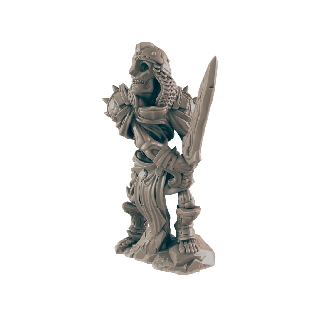 A skeletal warrior miniature stands holding a large sword, on a rocky base.