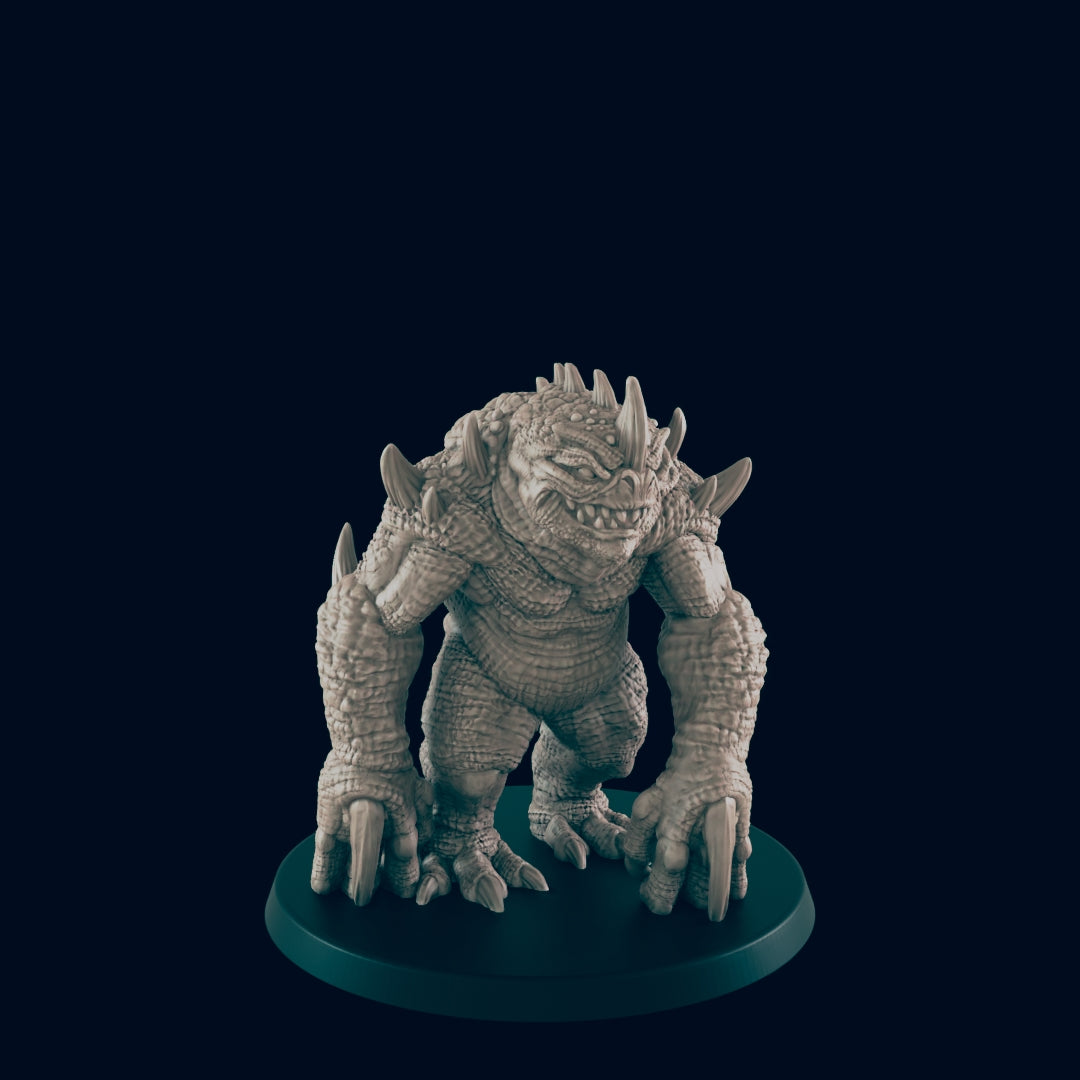 A miniature monstrous figure stands on a dark circular base. The creature is gray, reptilian, and has sharp claws and horns. It is posed in a neutral stance against a black background.