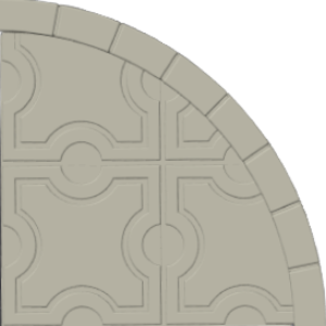 A tan, quadrant-shaped paver design with four quarter-circles and a circle at their intersection rests against a black backdrop, defined by a ring of rectangular stones.