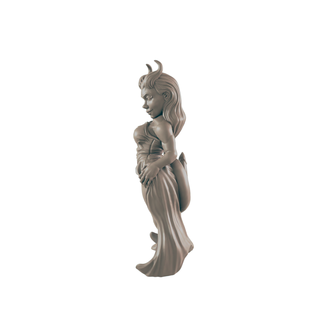 A sculpted female figure stands, draped in flowing robes, against a black background.