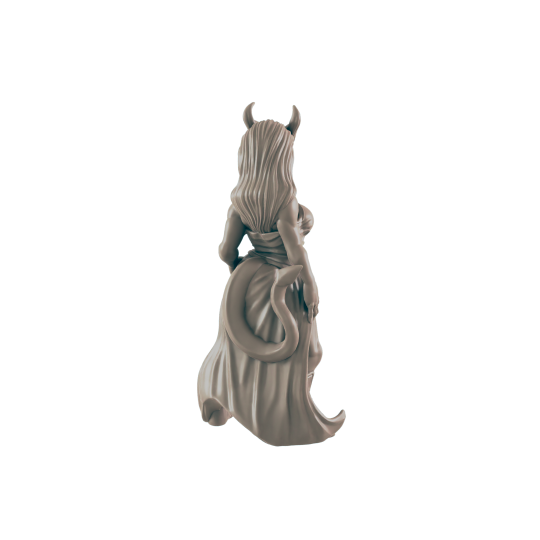 A female figurine, with horns and a tail, stands in a flowing gown against a dark background.