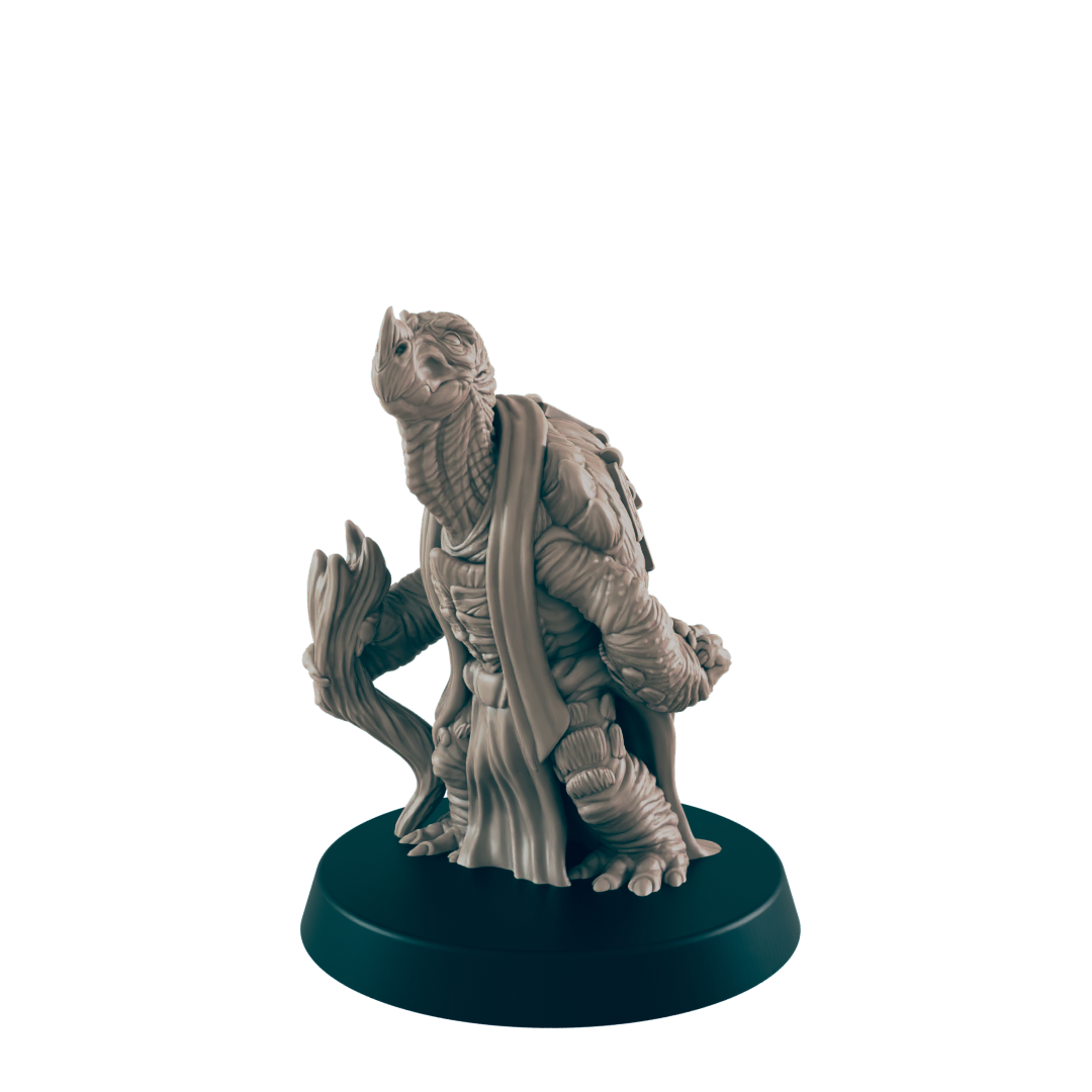 A turtle-like humanoid figurine stands on a dark circular base. It wears a robe and holds what seems to be a staff. The figure is presented against a black background.