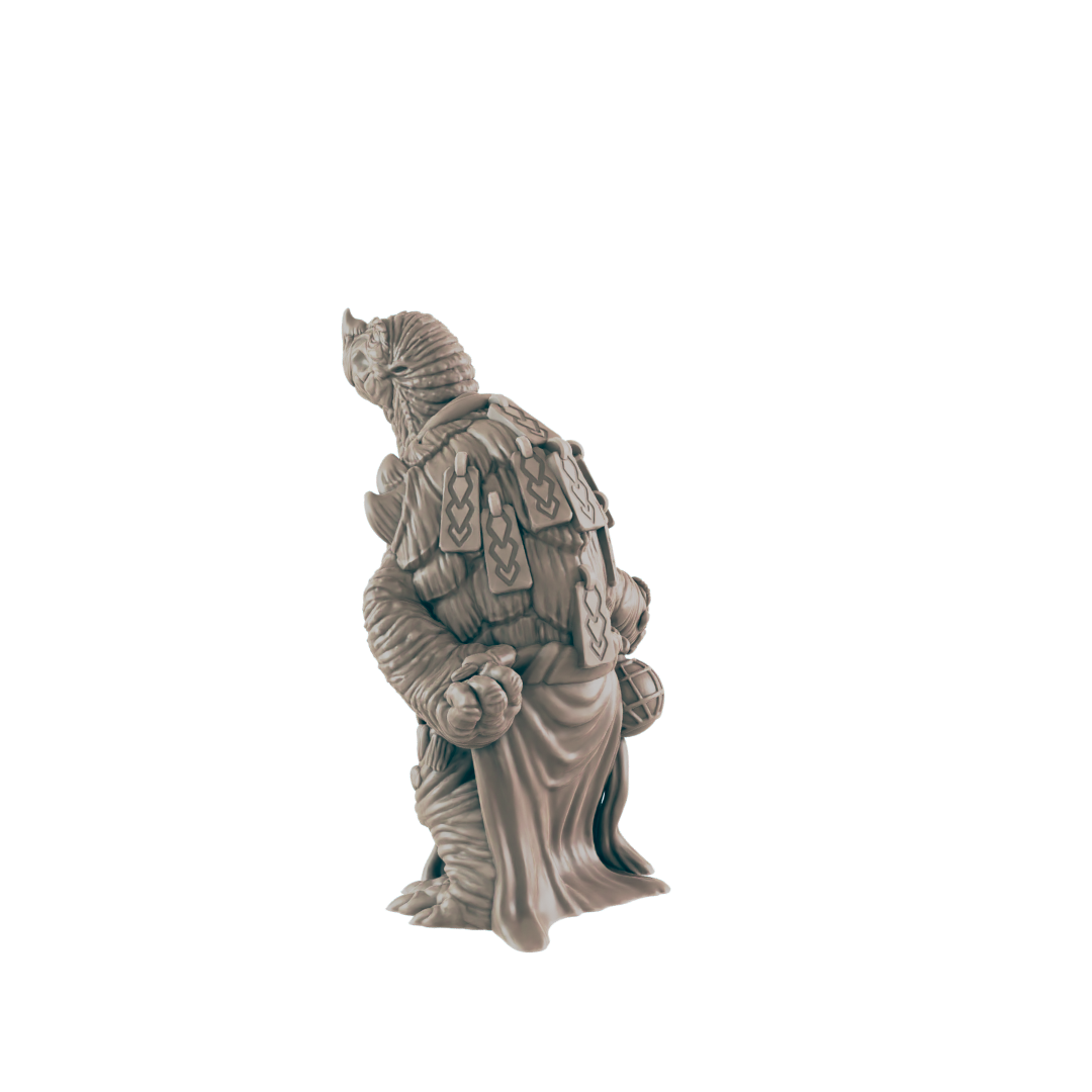 A turtle-like miniature figure, standing, appearing to hold something, is situated against a dark background.