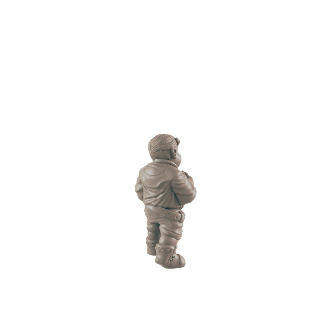 A small figurine, appearing to be a stout person in a jacket and boots, stands against a dark background.