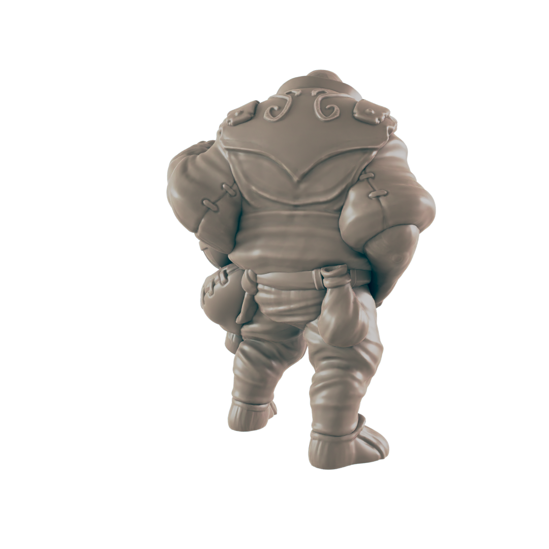 A miniature figurine of a stout, cloaked figure stands against a dark background. The figure is viewed from behind, showing details of its clothing and pouches.