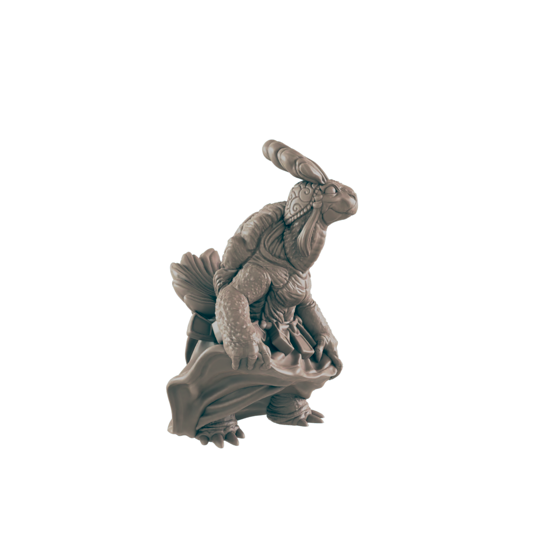 A turtle-like creature, holding a cloth, stands against a dark background.