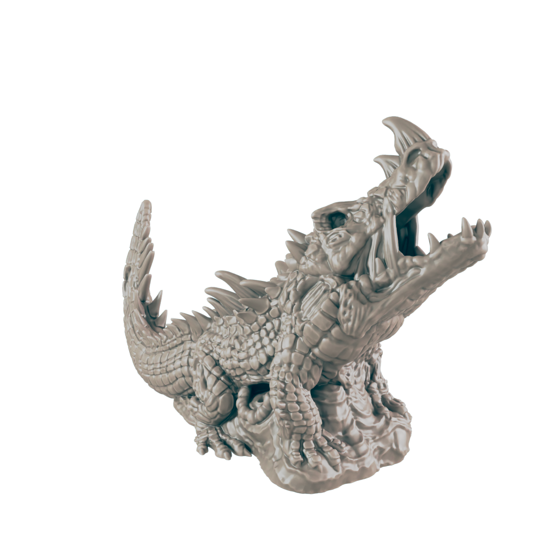A sculpted, two-headed crocodile roars, its textured scales and jagged teeth detailed. It is perched atop a rocky base.