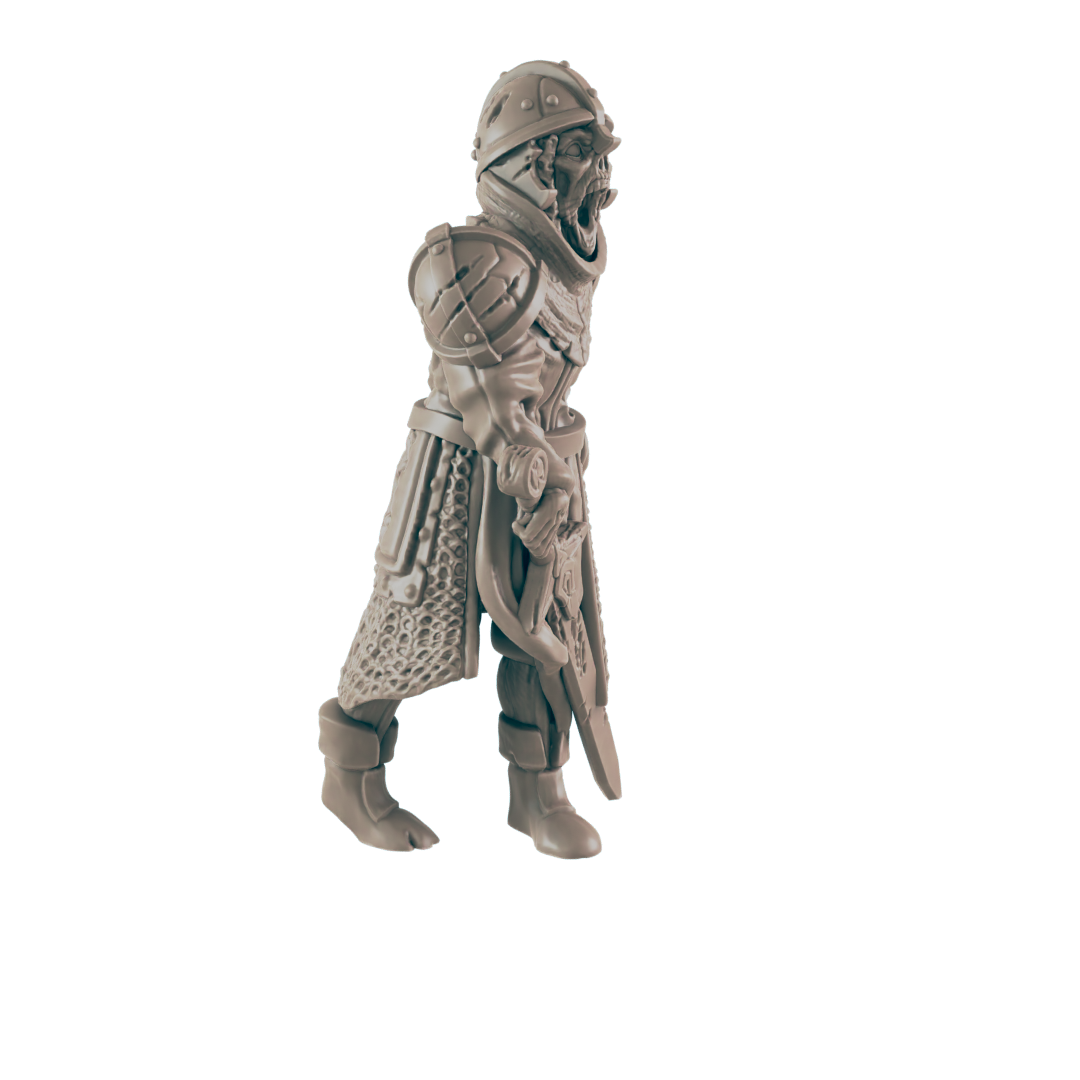 A miniature armored figure, walking, is shown against a black background. It is wearing a helmet and carrying what appears to be a sword.