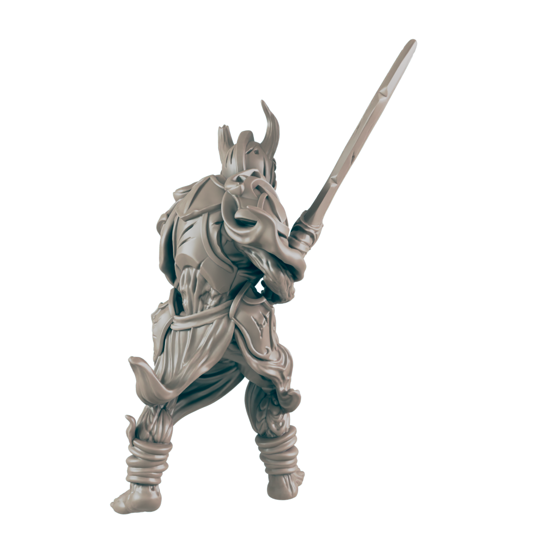 A miniature armored figure, wielding a long sword, stands against a dark background.