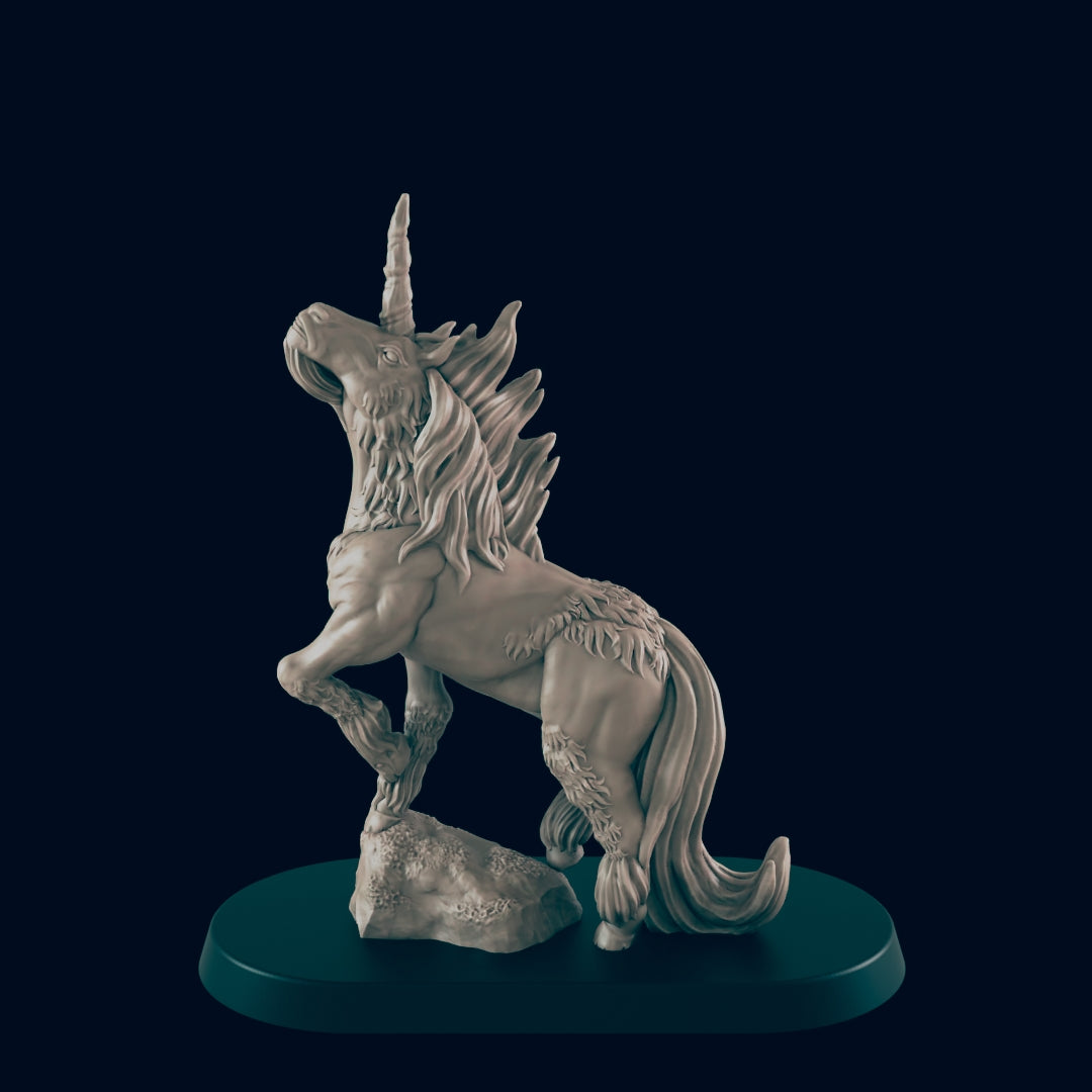 A unicorn figurine stands on a rock, rearing up. It is light beige and has a shaggy mane and tail. The figurine rests on a dark circular base against a black background.