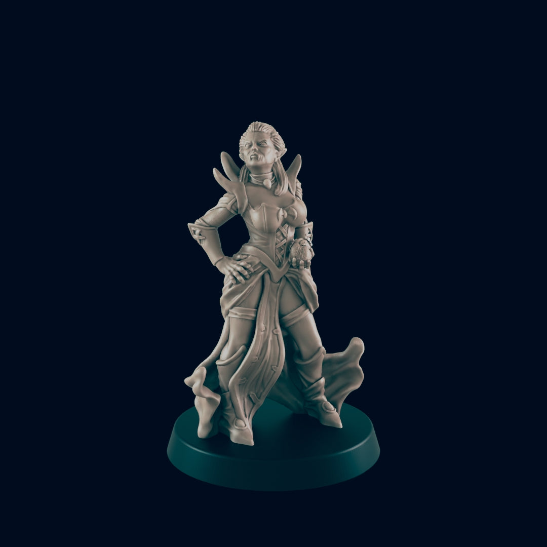 A female miniature figurine, standing in a confident pose, is displayed against a dark background. She wears elaborate clothing suggesting a fantasy setting.