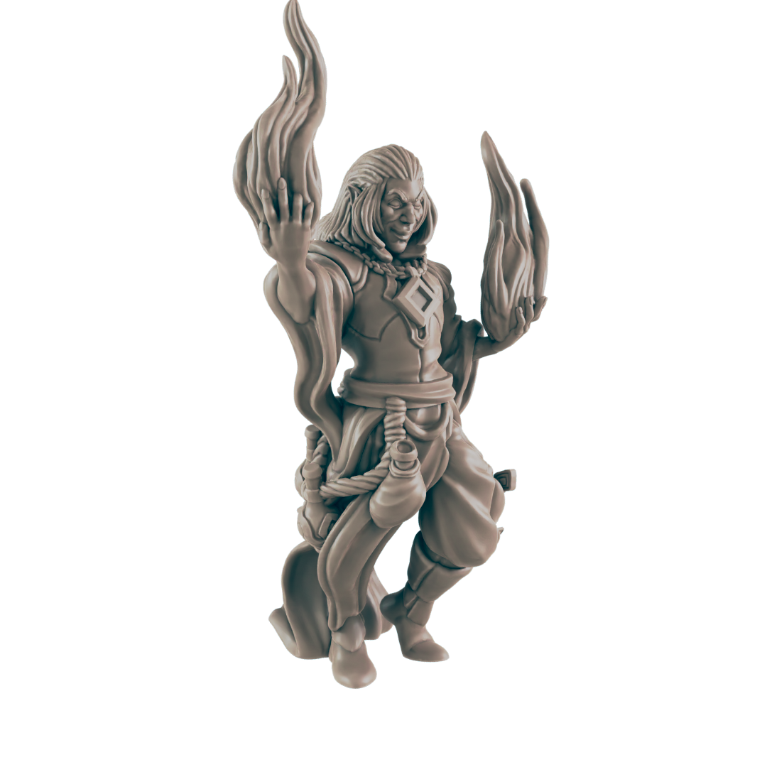 A wizard-like figurine raises hands each with flames in a threatening pose. The background is dark navy-blue.
