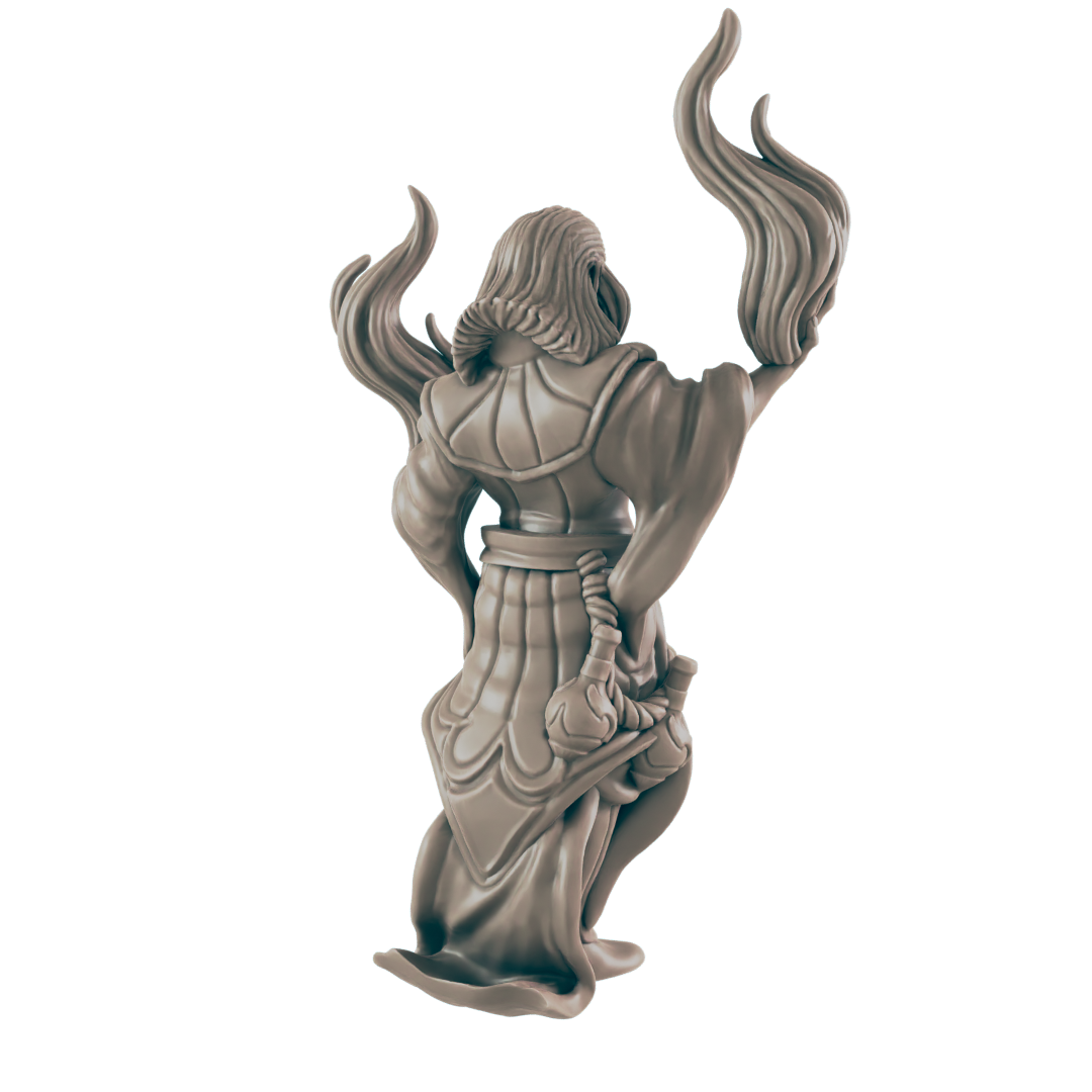 The figurine stands tall, arms raised, ethereal energy swirling above. It's dressed in elaborate robes, a tasseled rope tied around its waist, against a stark black backdrop.