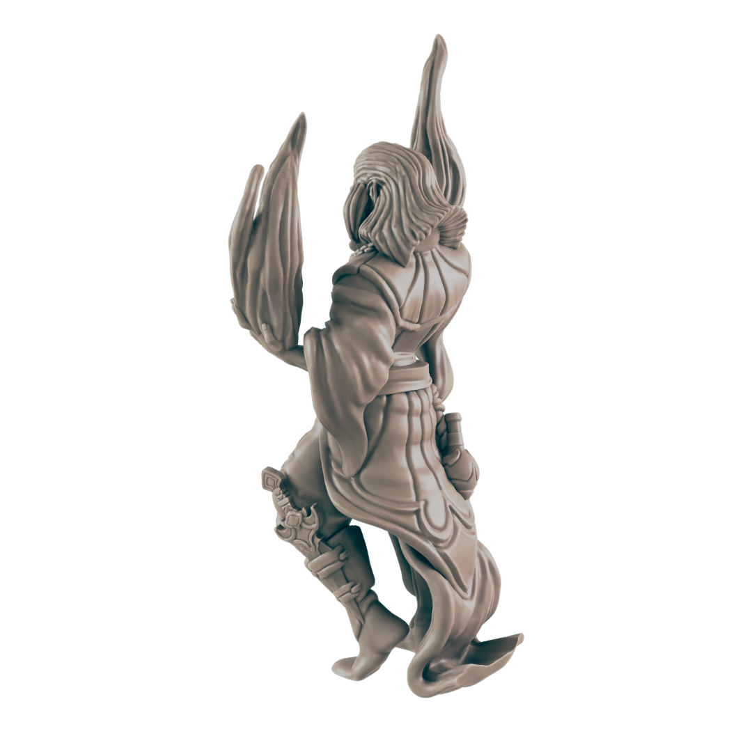 A gray, stylized figure stands with a flowing robe and stylized hair. It is posed on a dark navy background.