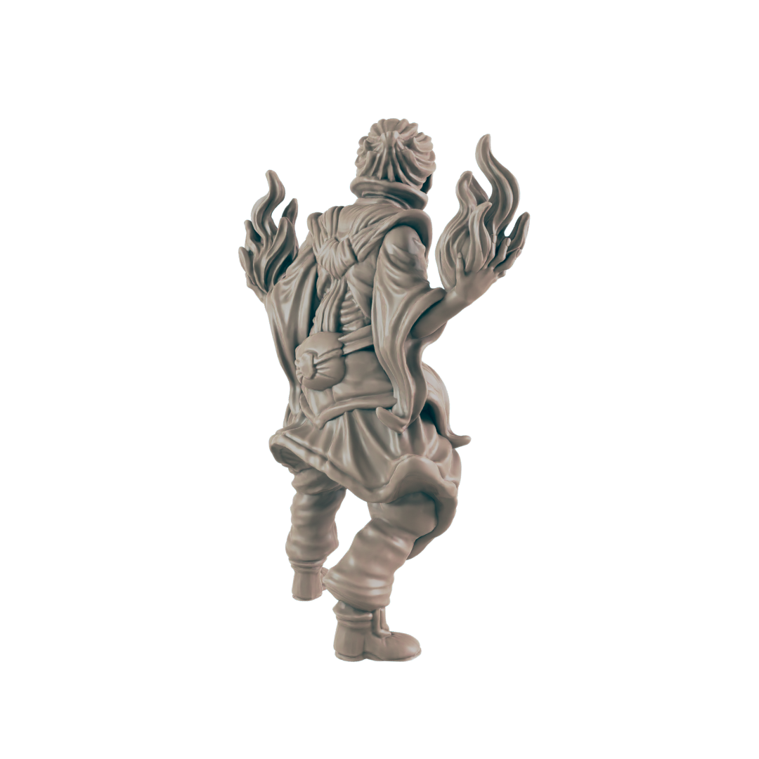 Clay figure of a person stands with arms outstretched, hands surrounded by flames, against a black background. The figure is wearing boots, pants, and a robe with a tied belt and pouch.