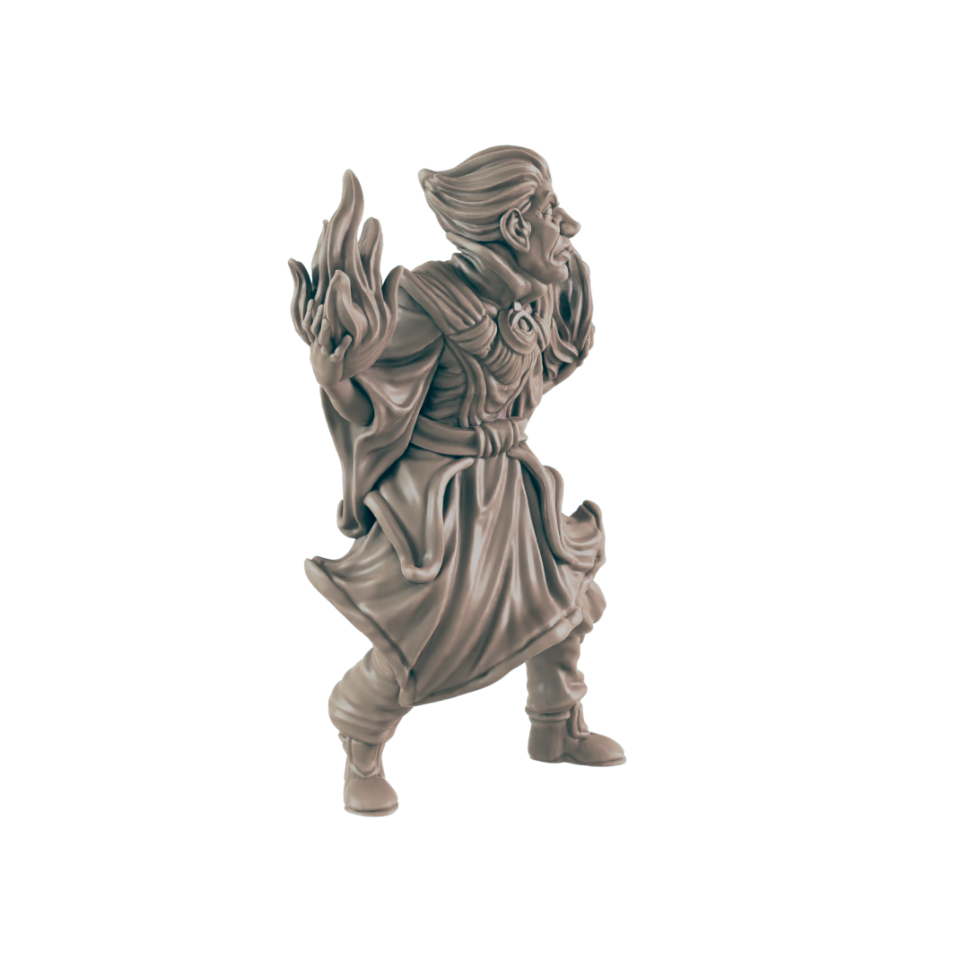 A wizard-like figurine, with flame-like forms emanating from each hand, stands in a black, featureless space.