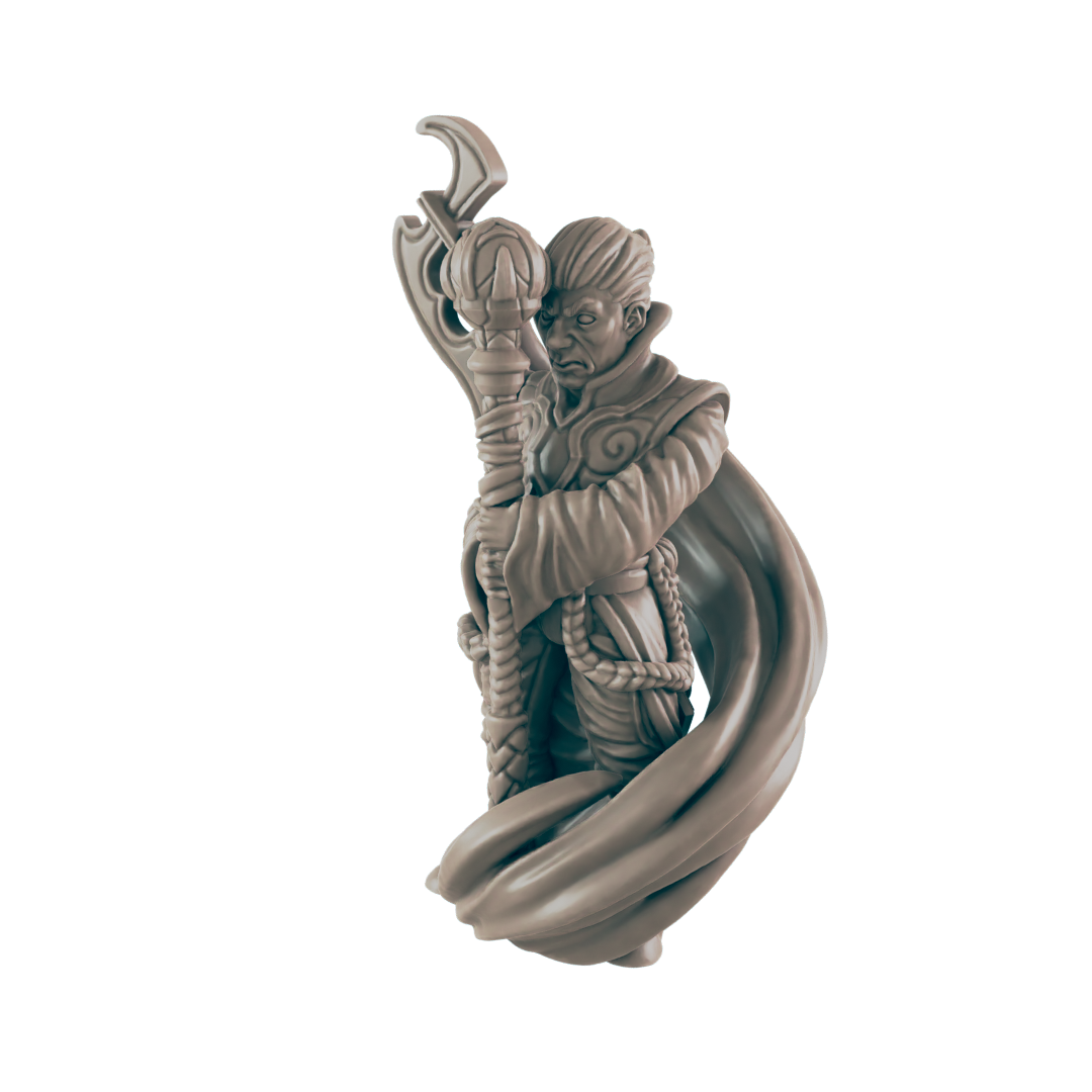 A wizard figurine clutches a staff. He wears robes and has an unpleasant expression. The background is pure black.