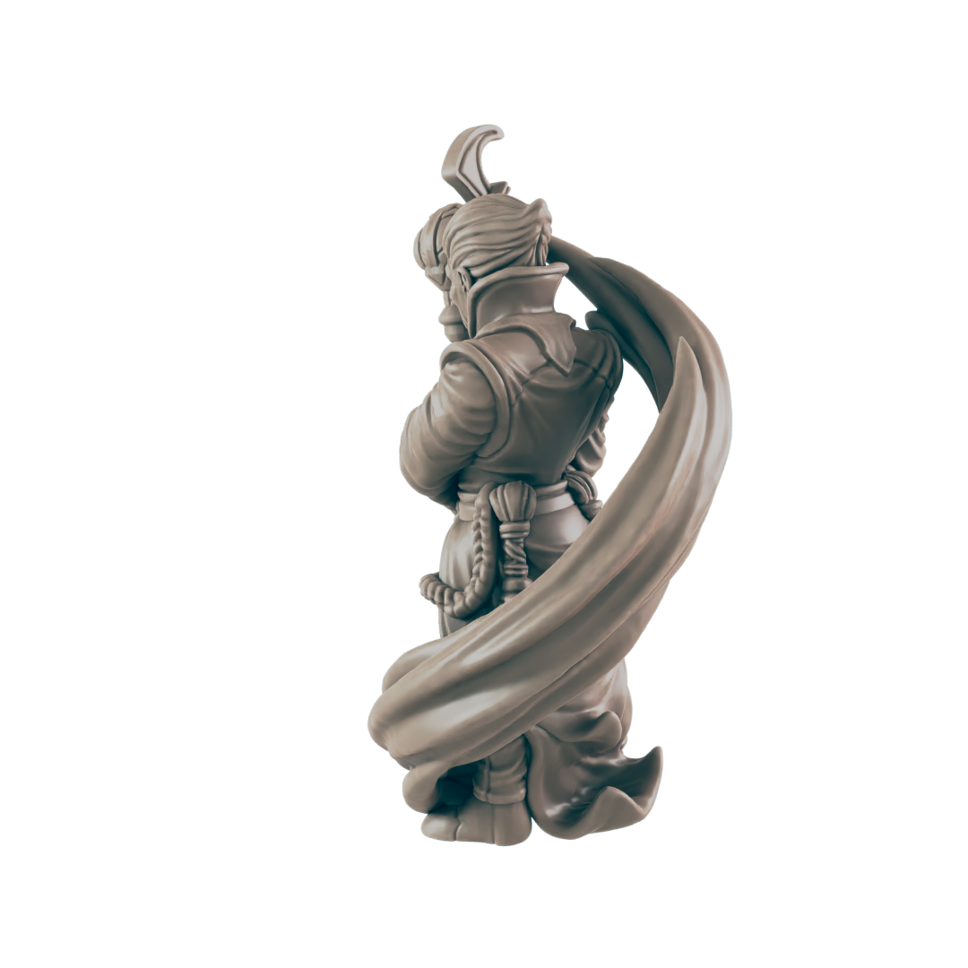 A monochrome figurine with folded arms has its back turned. A billowing cape flows from the character's shoulders against a plain, dark background.