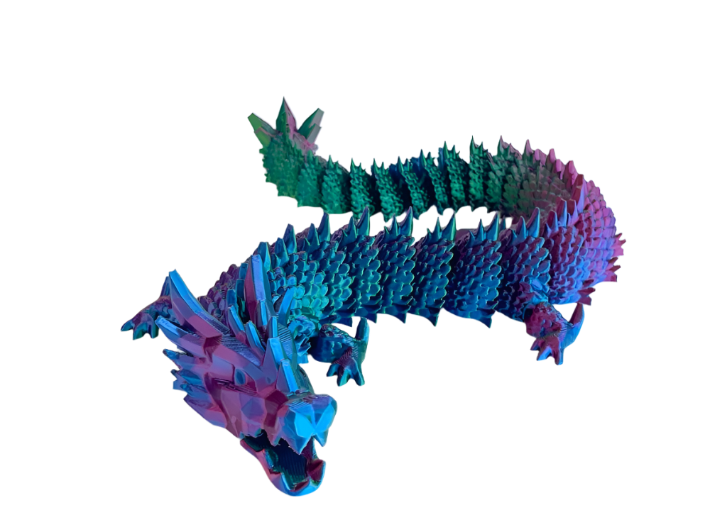 A serpentine crystal dragon rests, its segmented, spiny body shimmering in gradients of pink, blue, and green against a solid black background.