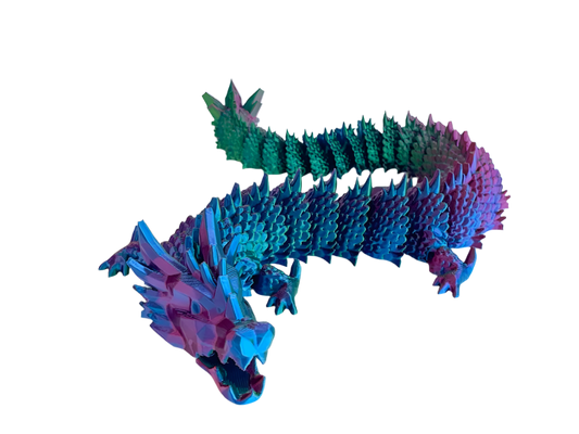 A serpentine crystal dragon rests, its segmented, spiny body shimmering in gradients of pink, blue, and green against a solid black background.