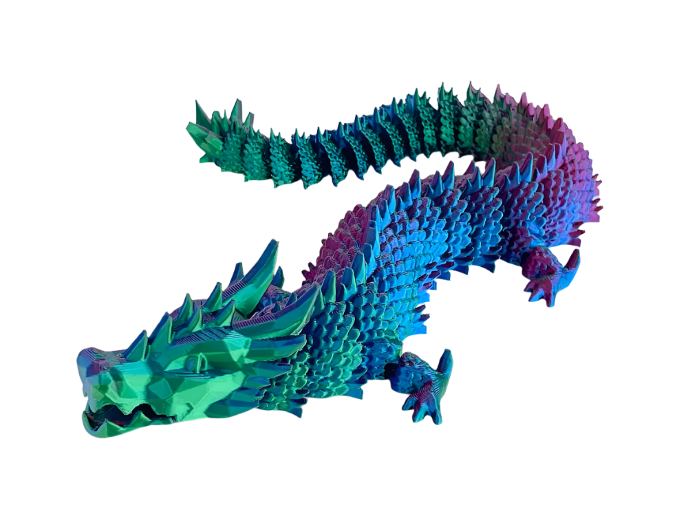 A spiky, segmented dragon figure curves across a black background. Its scales transition from green near the head to blue and purple towards the tail.