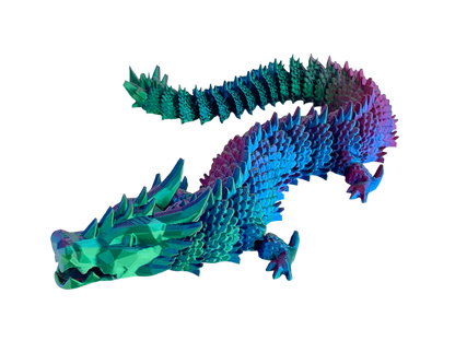 A spiky, segmented dragon figure curves across a black background. Its scales transition from green near the head to blue and purple towards the tail.