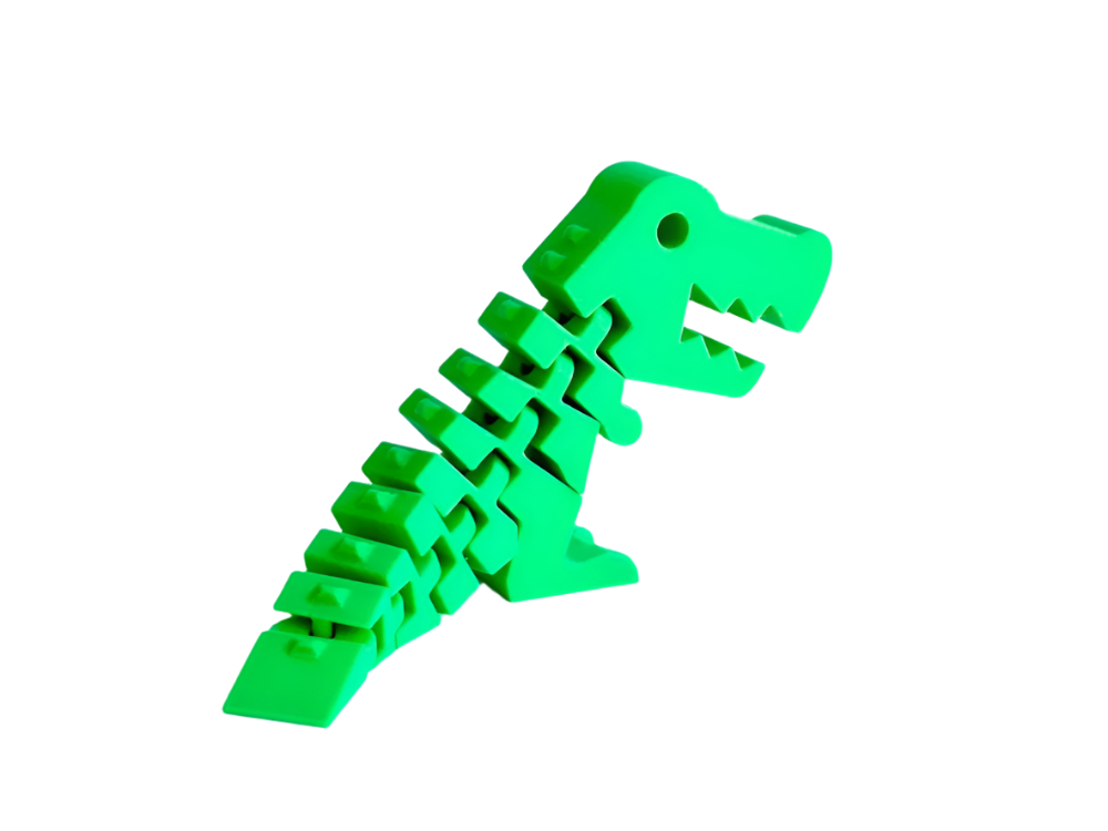 A green, plastic T-Rex toy stands upright, its blocky body angled slightly, against a black background.