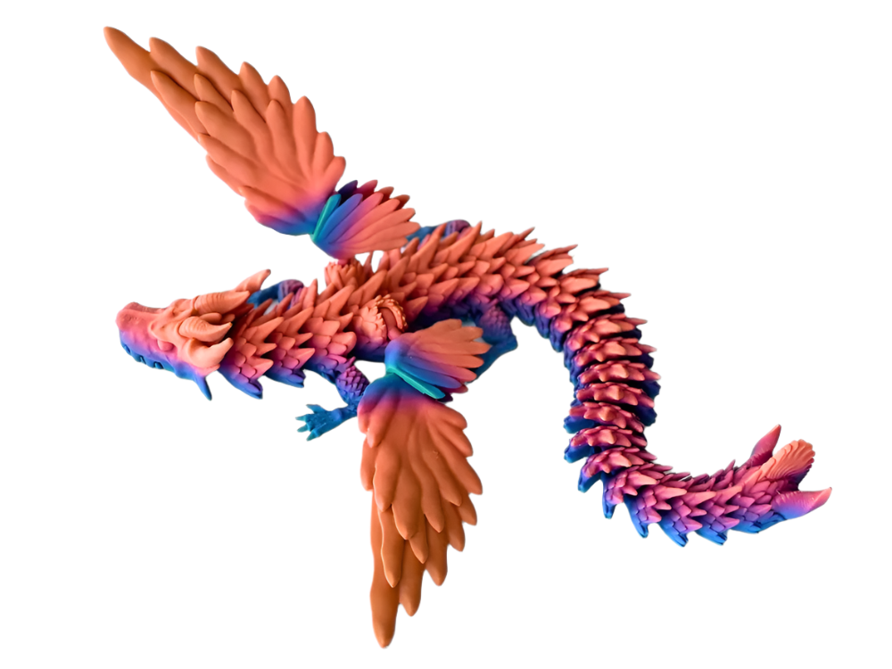 A pink and blue winged dragon twists its body, floating in a black, empty space.