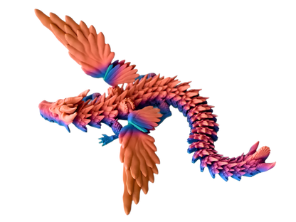 A pink and blue winged dragon twists its body, floating in a black, empty space.