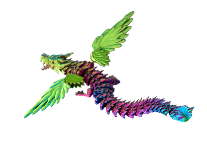 A winged, serpentine dragon figure flies. The creature is vibrantly colored with green wings, with a body that fades from green and pink to purple and blue. The context is a black background.