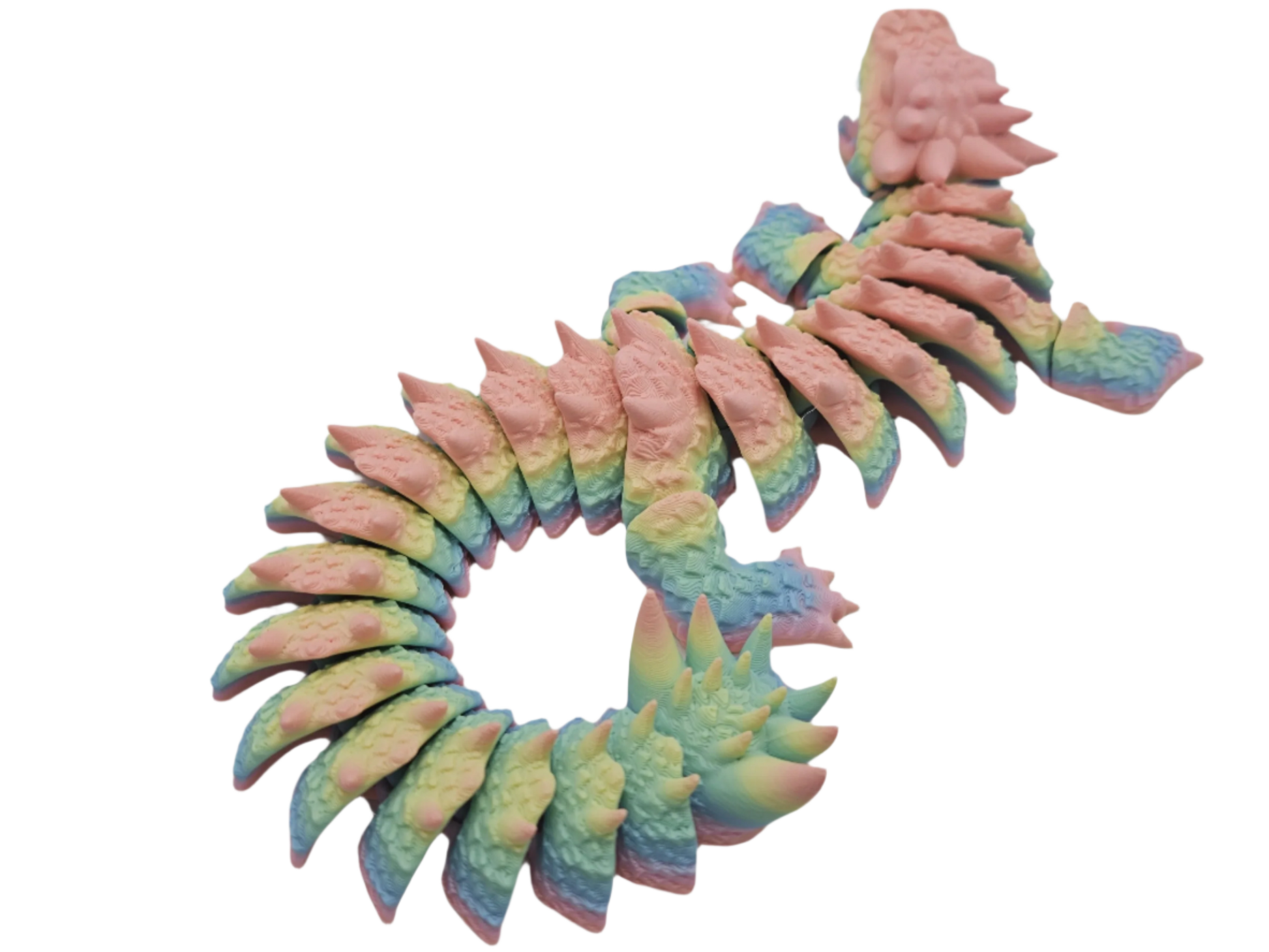 A segmented, rainbow-colored dragon-like figure is coiled upon itself against a black background. The figure has spiky protrusions and is rounded on its underside.