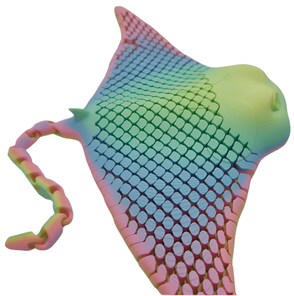 A stingray form is covered in a grid pattern that uses a gradient of colors, from pink to blue to green to yellow, in a black background.