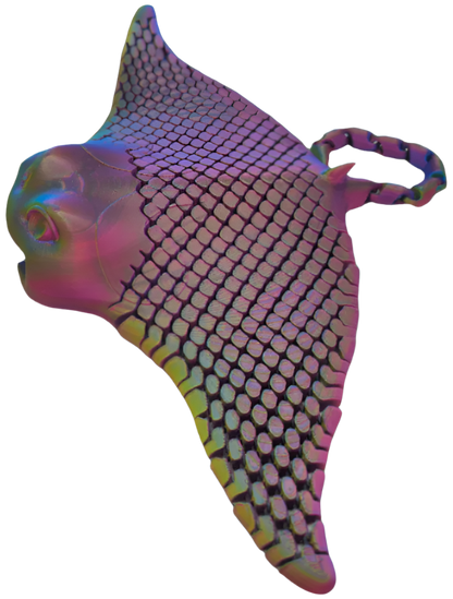A stylized, iridescent stingray floats against a black background. Its body is covered in a pattern resembling scales.