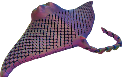 A stingray-shaped figure, iridescent and covered in a grid-like pattern, appears against a black backdrop, its long, segmented tail curving outward to the right.