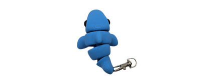 A blue robotic worm with black eyes is positioned diagonally in a black void. It features a silver, gear-like structure extending from its tail.