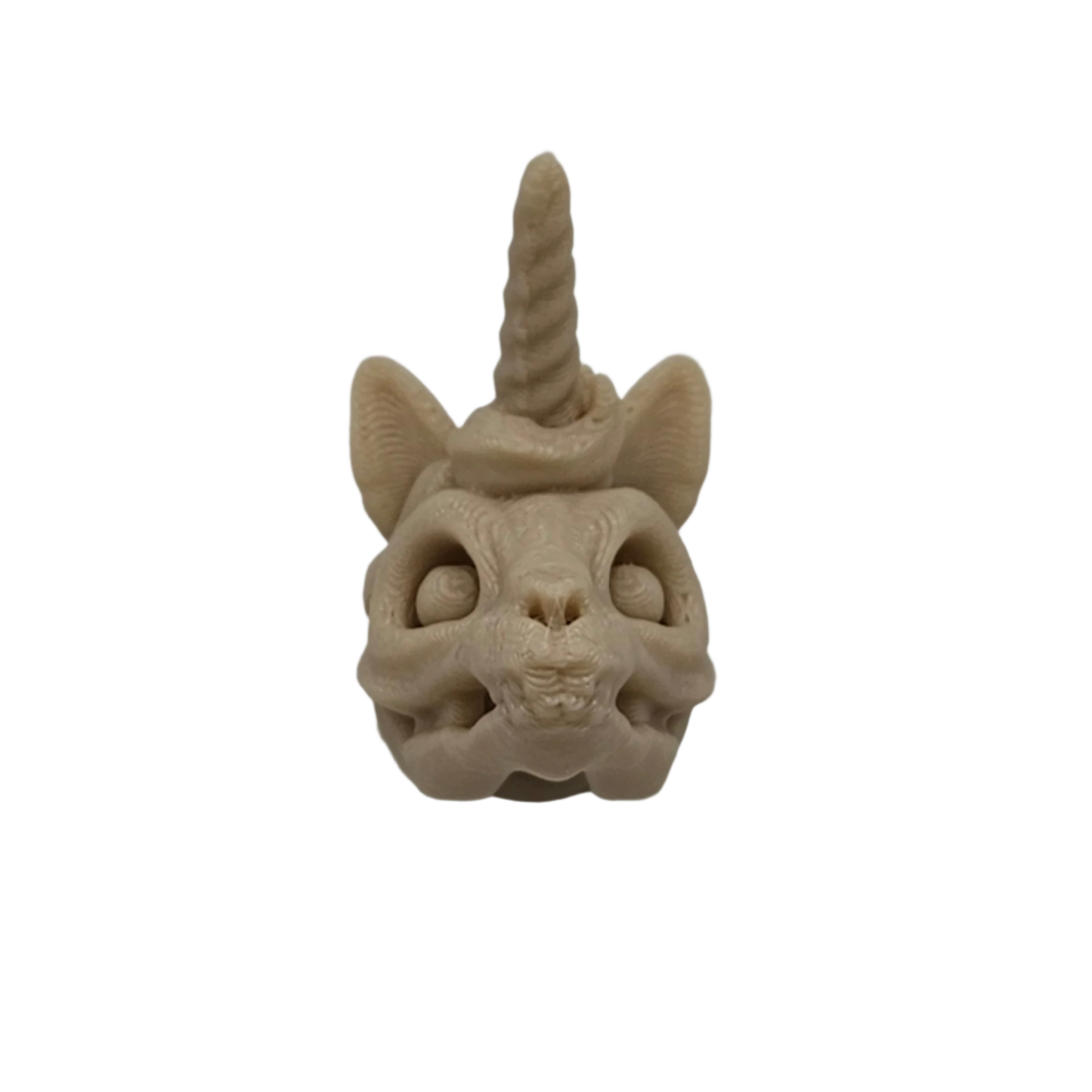A tan-colored cat skull with ears and a unicorn horn sits against a solid black background.