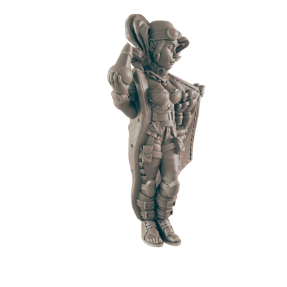 Clay-toned miniature figure of a woman in goggles and protective gear. She holds a round bottle and wears a long coat in a blank space.
