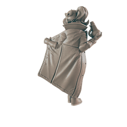 A miniature figure in a coat holds a bulbous bottle behind her back. She is viewed from behind in a plain black context.
