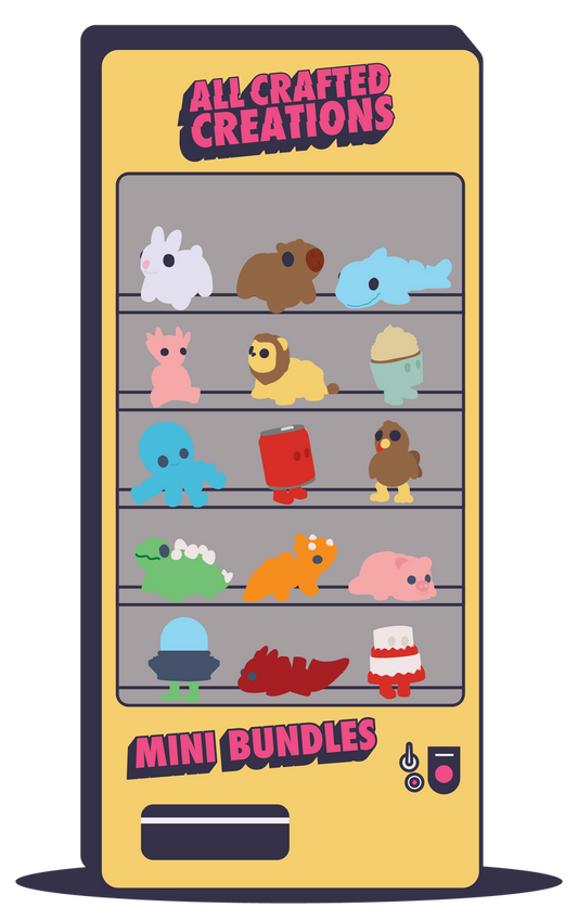 A vending machine displays mini toy bundles;  it shows various cartoon animals and objects on shelves.  ALL CRAFTED CREATIONS and MINI BUNDLES are written on the machine.