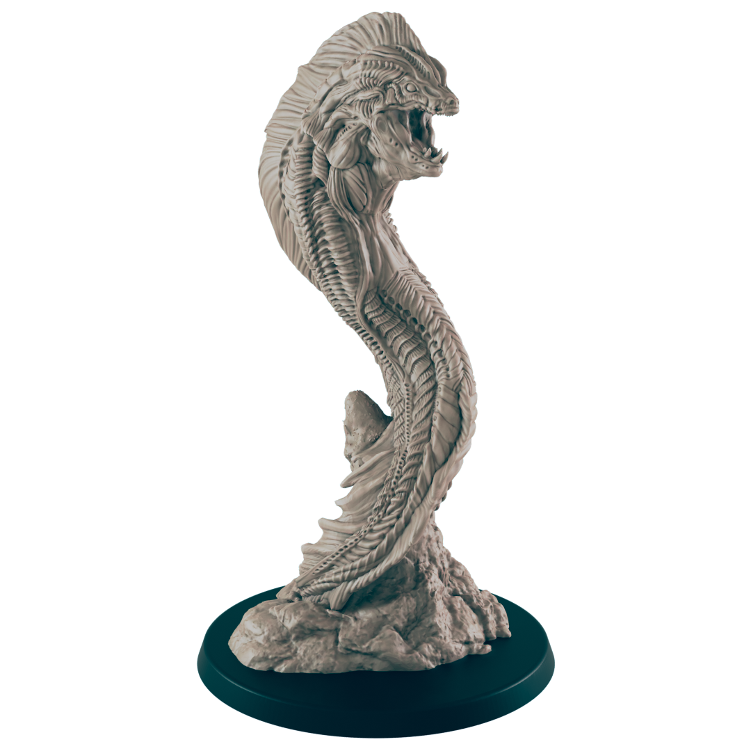 A serpentine figure twists upwards, its scaled body culminating in a gaping maw, supported by rocky ground on a black circular base.