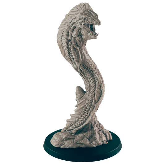 A serpentine figure twists upwards, its scaled body culminating in a gaping maw, supported by rocky ground on a black circular base.