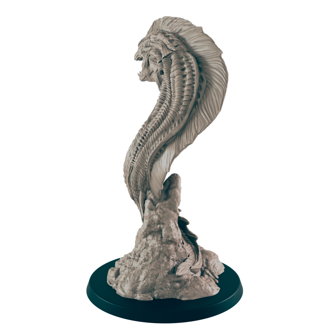 The monstrous, wormlike creature rises sinuously from a rocky mound, its head reared back, exposing its segmented body in a dark, neutral setting.