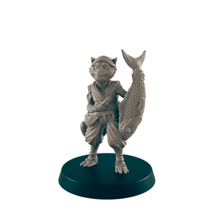A cat-like humanoid figure stands on a circular base, holding a large, detailed fish against its shoulder, set against a solid black background.