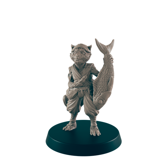 A cat-like humanoid figure stands on a circular base, holding a large, detailed fish against its shoulder, set against a solid black background.