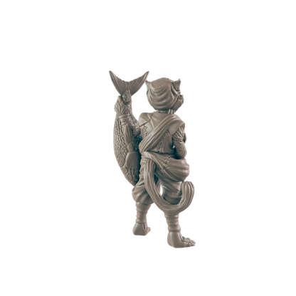 A cat-like figure stands, holding a large fish up behind its back. The figure wears robes and a belt, appearing in a monochromatic black background.