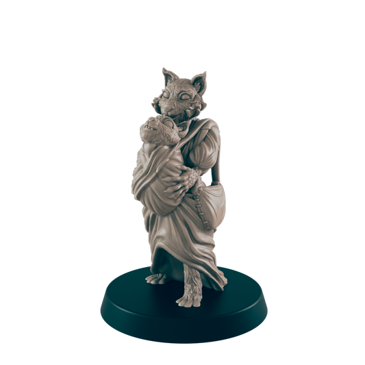 The grey humanoid wolf figure holds a baby-like creature wrapped in a blanket on a black base. The wolf wears a long robe and has a purse hanging from their hip.